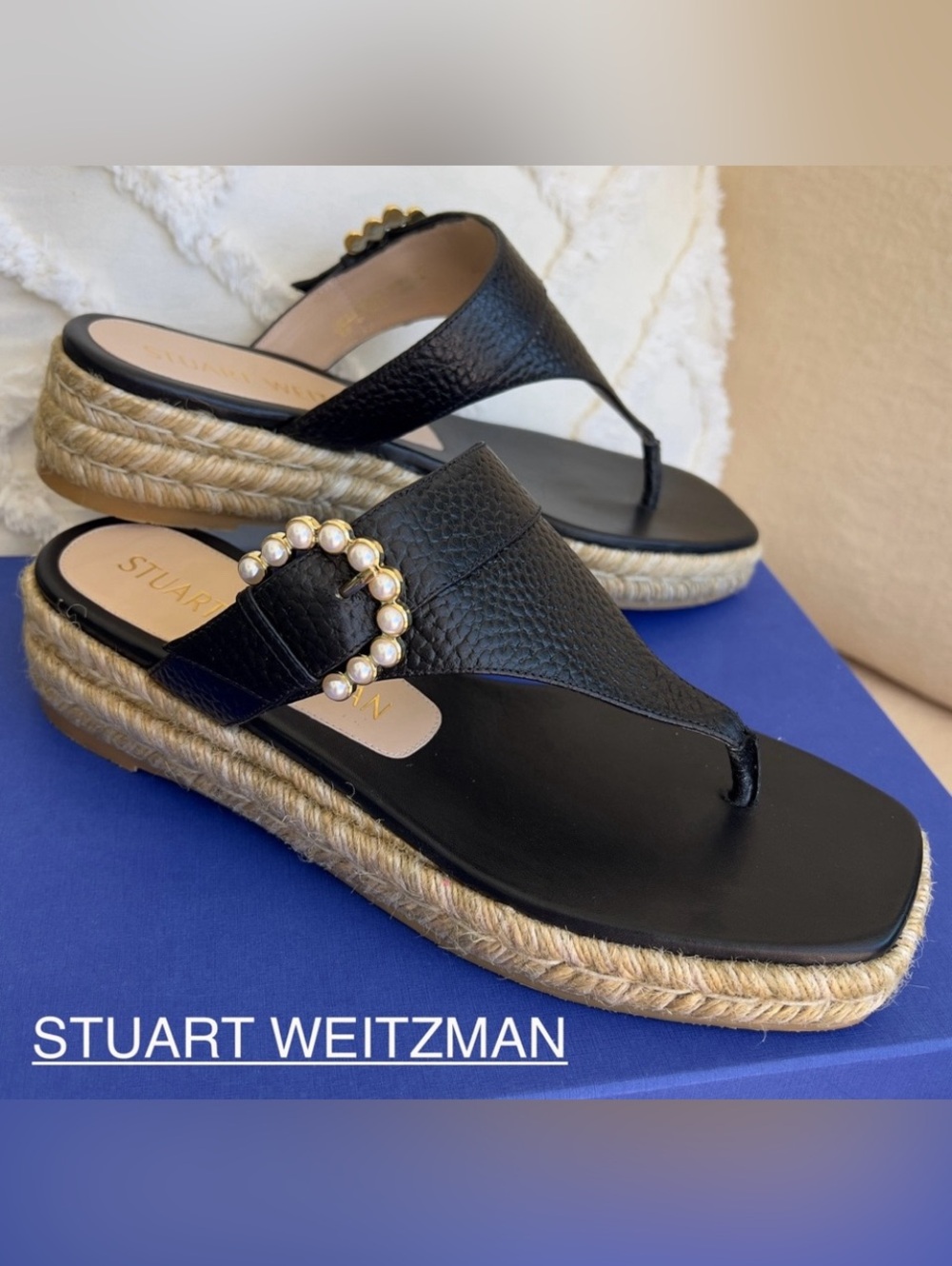STUART WEITZMAN Pearl buckle Espadanda sandals black natural size 8,5